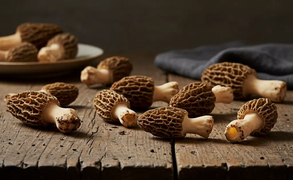 A thoughtfully arranged culinary display of freshly foraged morel mushrooms, subtly hinting at the complexity of morel mushroom side effects.