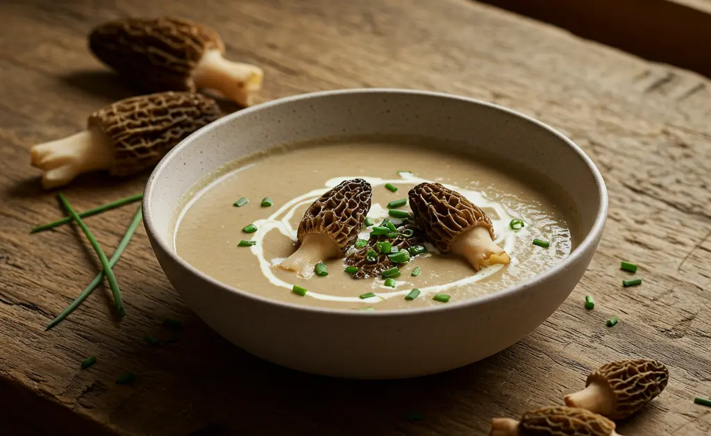 A steaming bowl of rich, creamy morel mushroom soup garnished with fresh herbs.