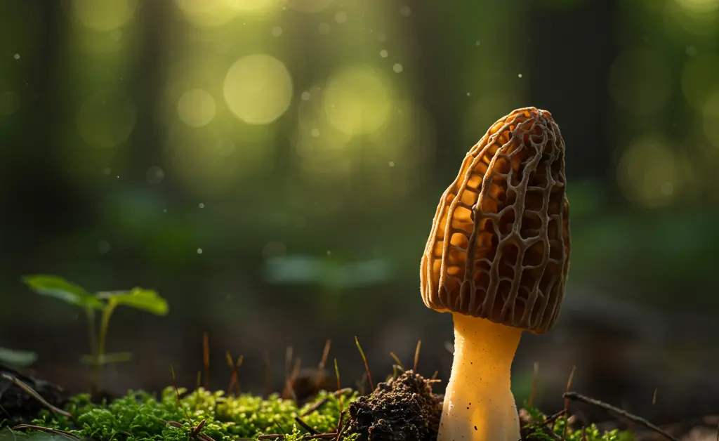 A close-up, photorealistic image showcasing a freshly discovered morel mushroom stardew, nestled amongst mossy ground cover in a sun-dappled forest clearing.