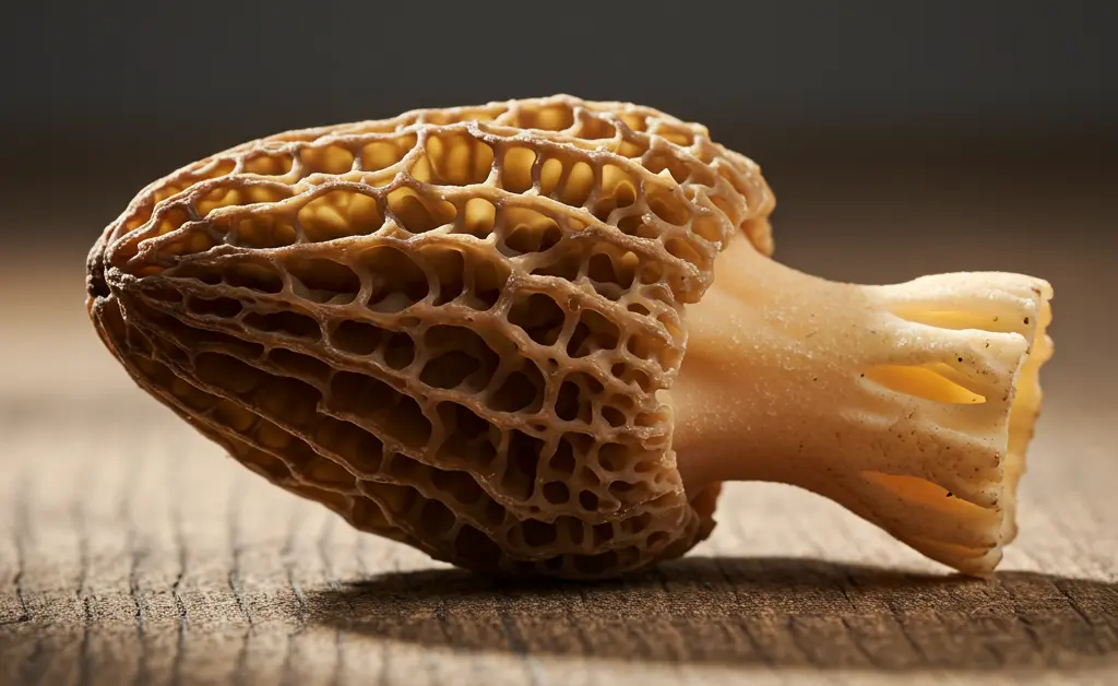 A close-up photograph showcasing the intricate texture and earthy tones of a morel mushroom, hinting at its unique morel mushroom taste.