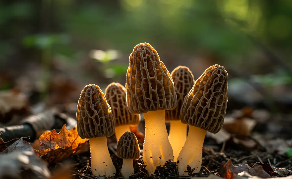 A close-up shot showcasing a cluster of unique morel mushroom uk growing in a dappled forest floor.
