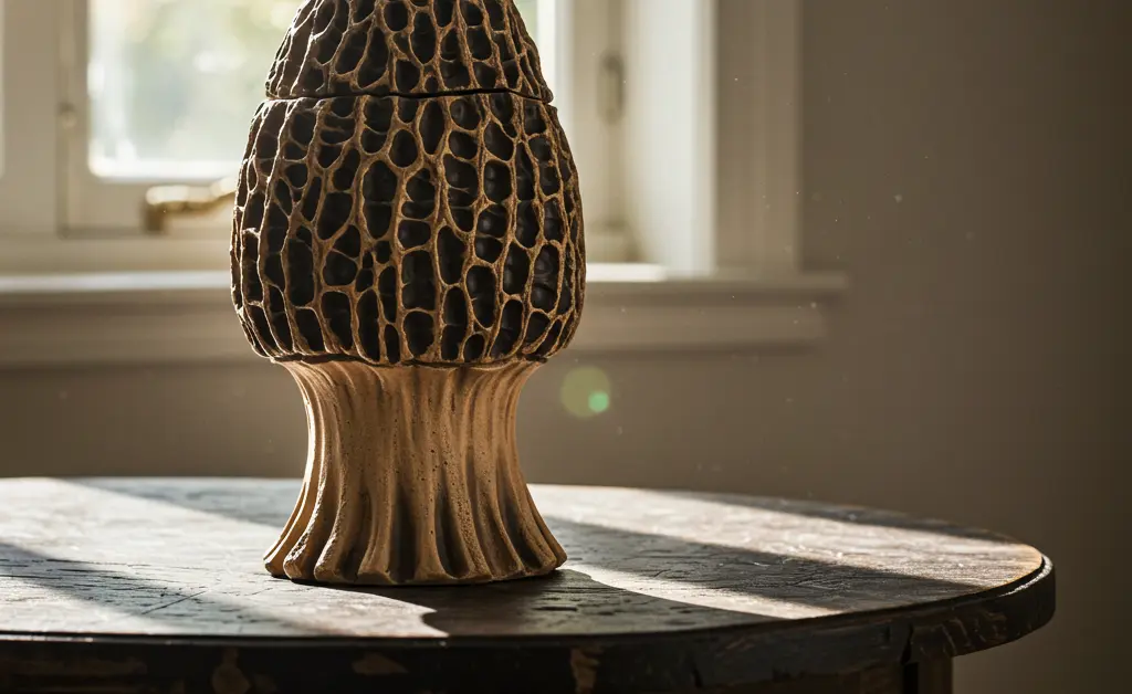 A beautifully crafted morel mushroom urn sits on a rustic wooden table, symbolizing a connection to nature.