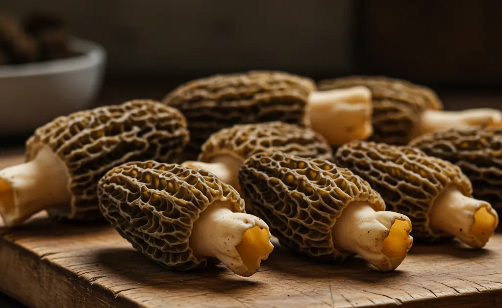 A close-up, top-down view of sautéed morel mushrooms, showcasing their unique texture and earthy tones, illustrating some of the delicious morel mushroom uses.