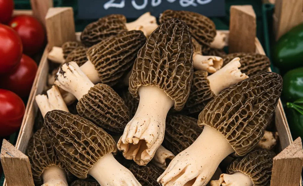 A close-up, visually appealing display of fresh morel mushrooms for sale at a vibrant outdoor market stall, highlighting the unique texture and form of a morel mushroom vancouver.
