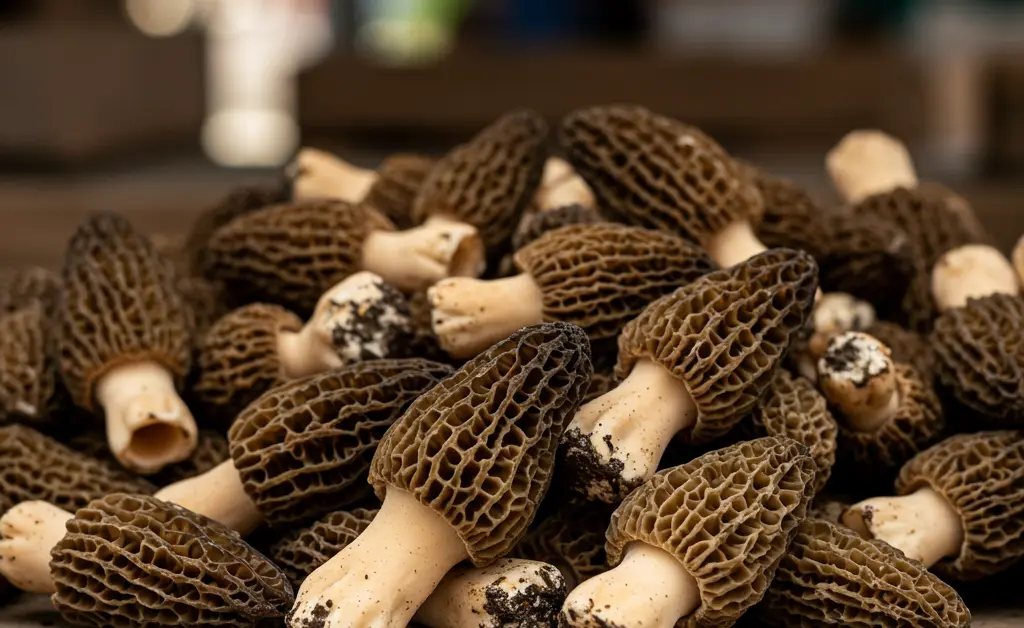 A visually appealing display of fresh morel mushroom vancouver offerings at an outdoor market stall, showcasing their unique texture and earthy tones.