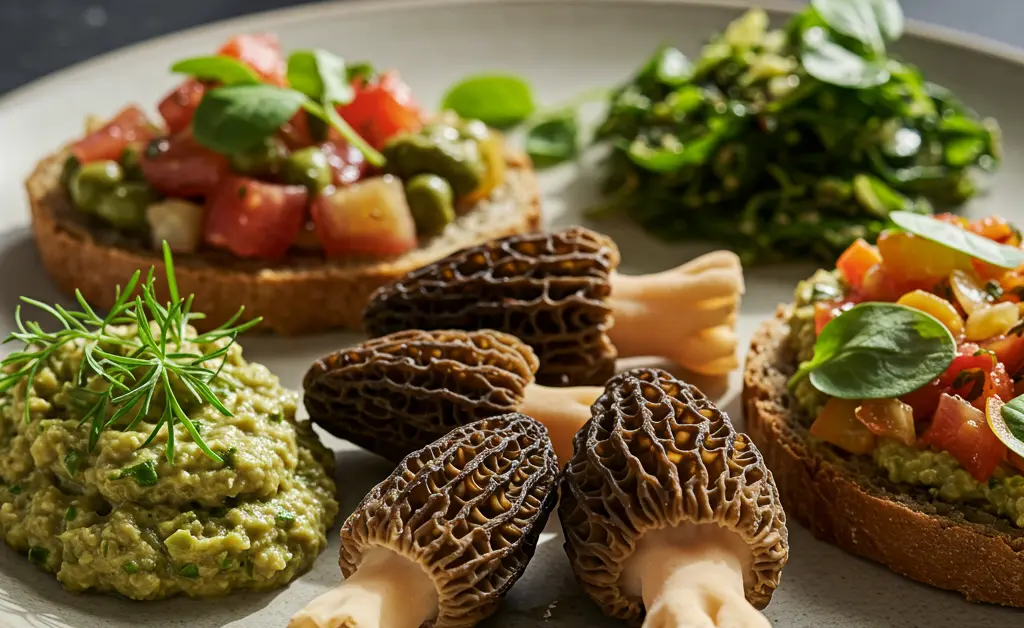 A visually stunning plate showcasing delicious morel mushroom vegan recipes, highlighting fresh ingredients.