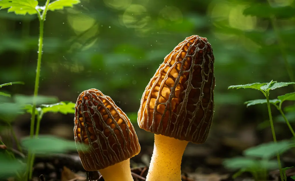 A serene forest floor scene with a single, perfectly formed morel mushroom, illustrating the appeal of watching morel mushroom videos for foraging.