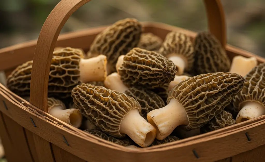 A close-up shot showcasing a bounty of freshly foraged morel mushroom virginia nestled within a rustic wooden basket.