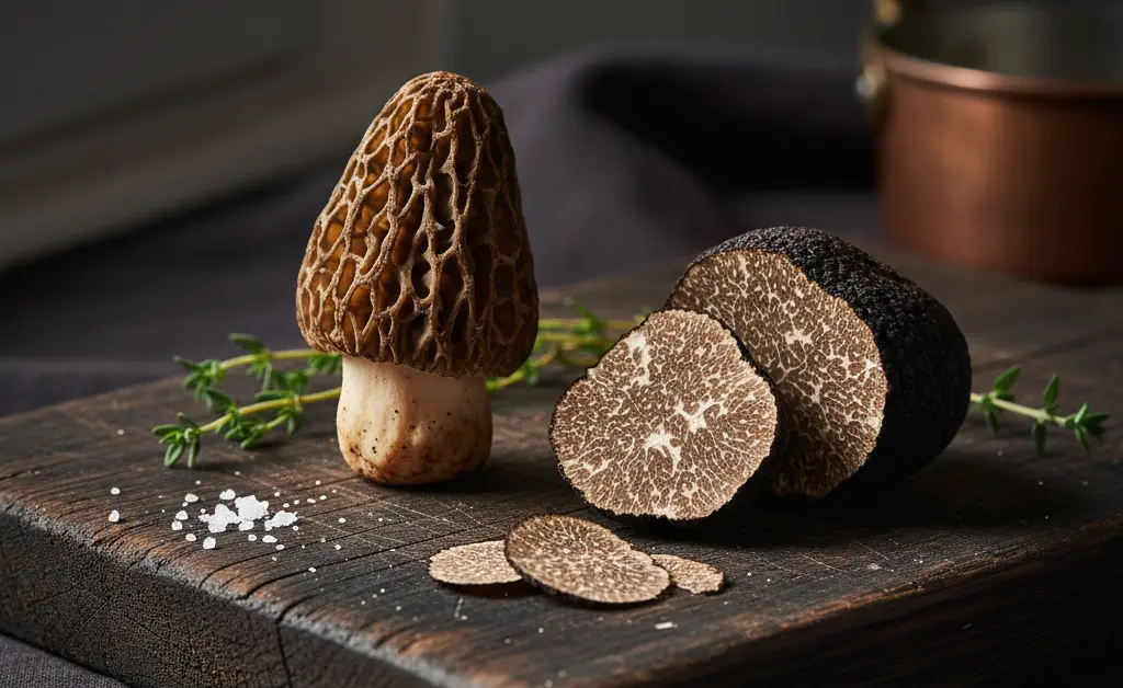 A visually appealing flat lay showcasing the distinct textures and shapes of a morel mushroom vs truffle side-by-side on a rustic wooden surface, styled for a gourmet food magazine.