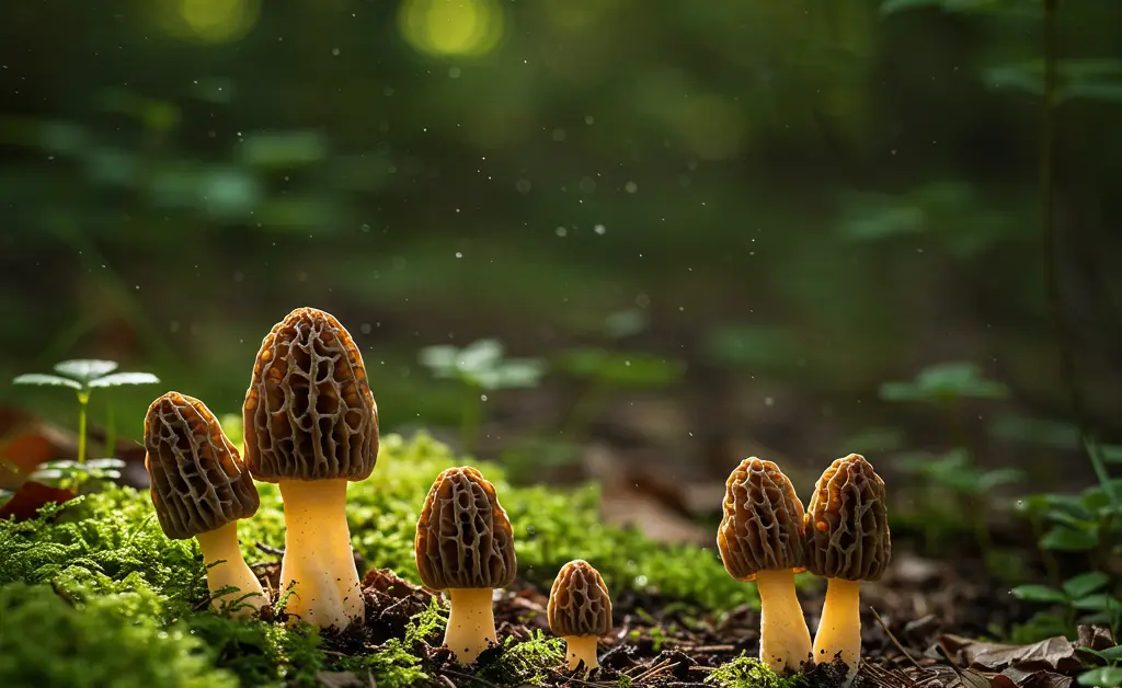 A serene forest floor showing delicate morel mushrooms emerging after ideal morel mushroom weather, with soft dappled sunlight.