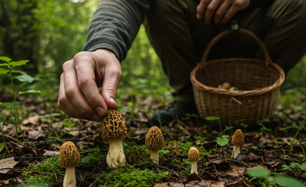 A skilled forager carefully examining the forest floor for morel mushrooms, anticipating ideal morel mushroom weather conditions.