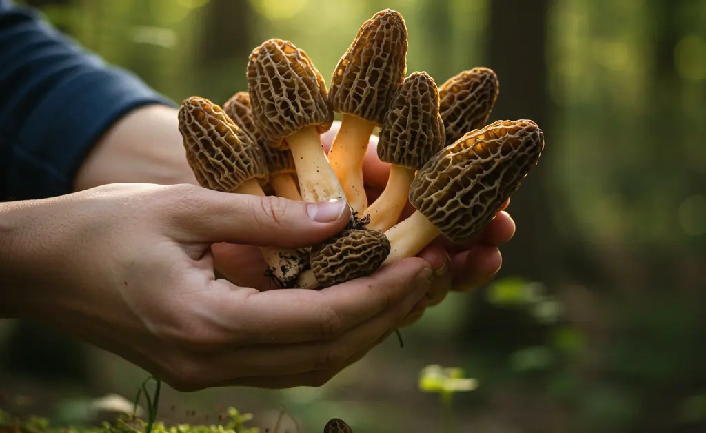 A forager carefully inspects a freshly found morel mushroom, contemplating the ideal morel mushroom when to pick.