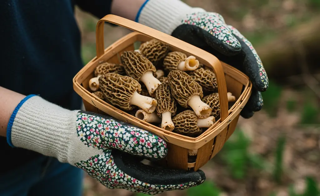 A person carefully examining a cluster of morel mushrooms discovered during a foraging trip for morel mushroom wisconsin.