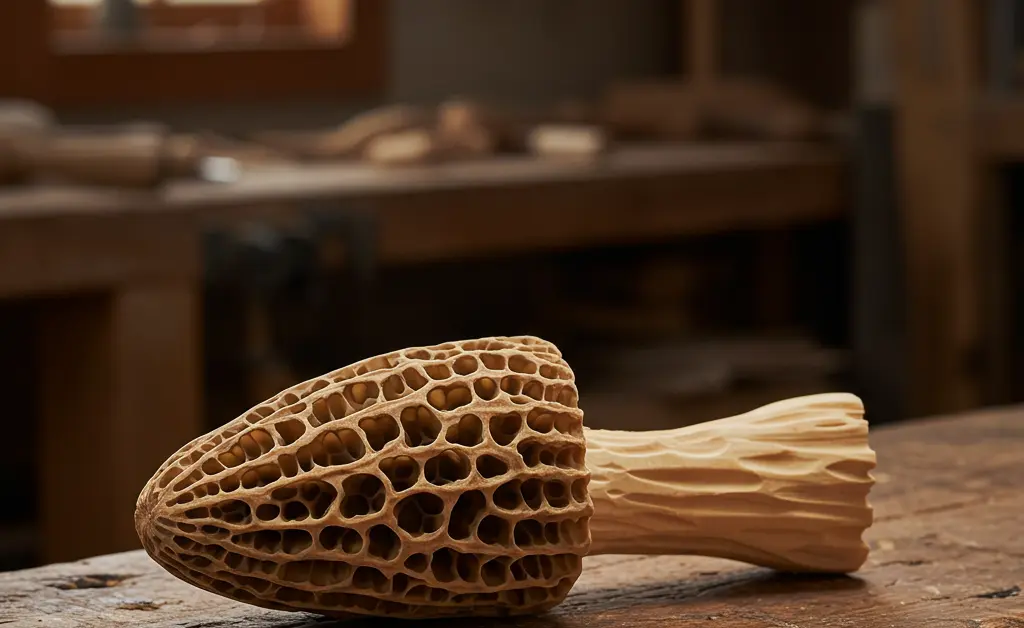 A detailed morel mushroom wood carving showcasing intricate texture.