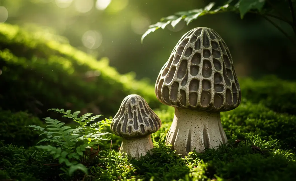 A whimsical morel mushroom yard ornament adds a touch of woodland magic to a garden.
