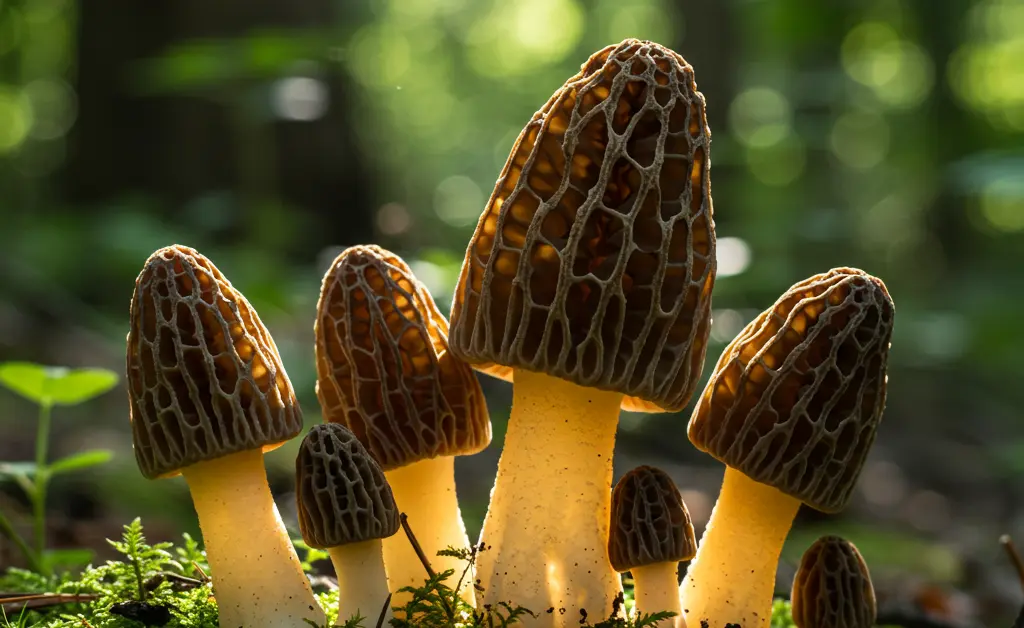 A close-up shot showcases a cluster of wild morel mushroom yunnan with their distinctive honeycomb caps, nestled amongst damp forest floor debris.