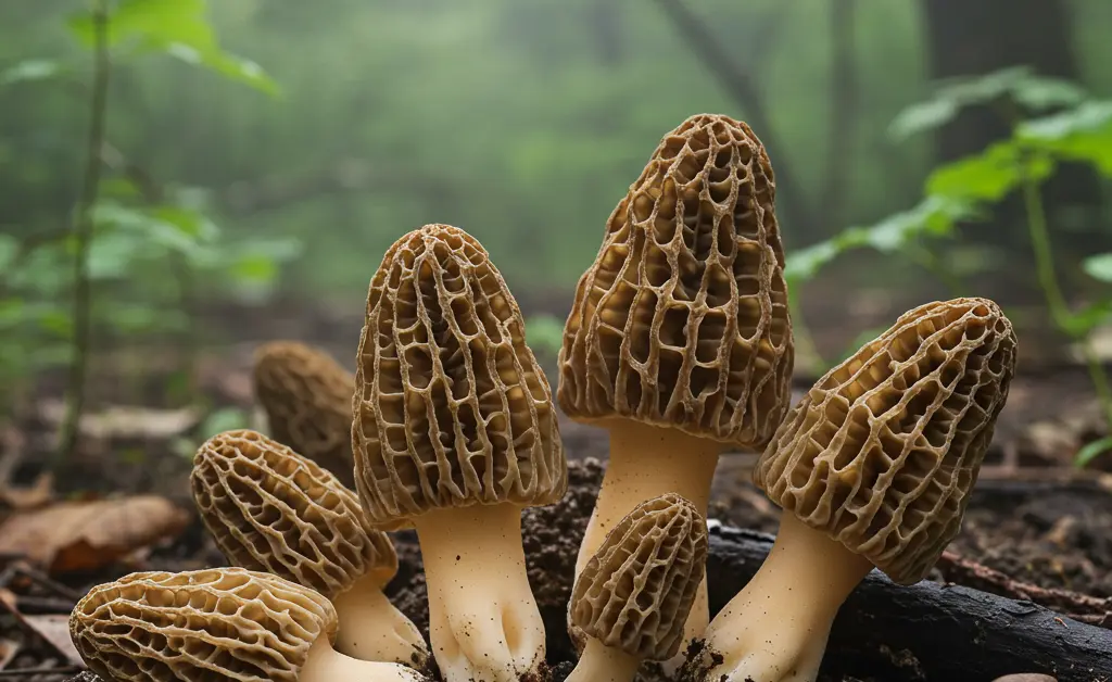 A close-up shot showcasing the distinct honeycomb texture of a fresh morel mushroom yunnan, set against a backdrop of earthy forest floor.