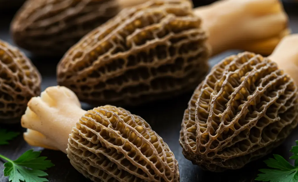 A close-up, visually stunning arrangement of fresh morel mushrooms for cooking is artfully displayed on a rustic wooden board.