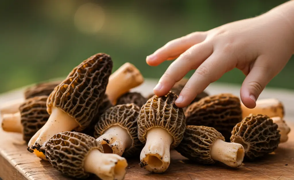 A vibrant, close-up shot of freshly foraged morel mushrooms, a healthy spring delicacy suitable for morel mushrooms for kids.