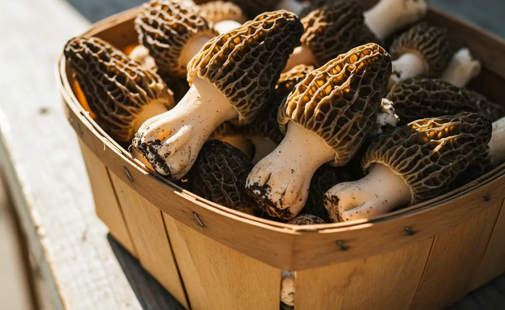 A close-up, photorealistic image showcasing a basket overflowing with freshly harvested morel mushrooms for sale in michigan, their distinctive honeycomb caps glistening under natural light, evoking a sense of natural abundance and culinary delight.