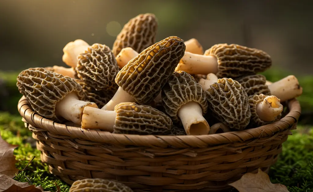 A close-up shot showcases an abundance of fresh morel mushrooms for sale indiana, artfully arranged in a rustic wooden basket with hints of forest floor debris.