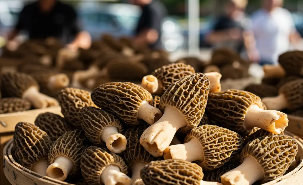 A close-up, sun-dappled shot showcases a bounty of fresh morel mushrooms for sale kansas city, artfully arranged in a rustic wooden crate at a vibrant outdoor market stall.