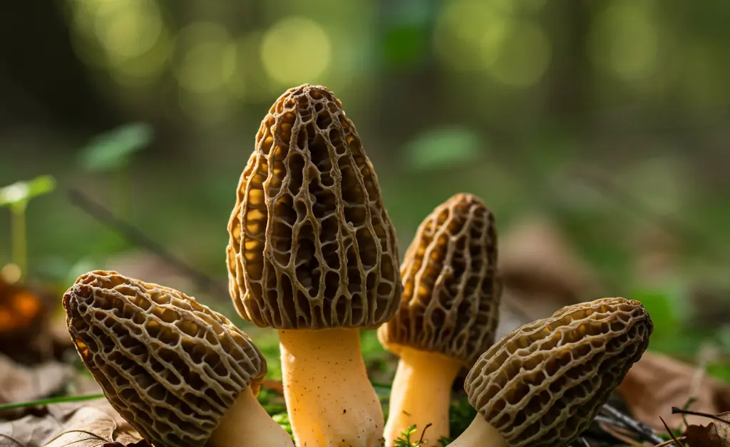 A close-up view of several distinctive morel mushrooms, a prized find for enthusiasts exploring the morel mushrooms quad cities.