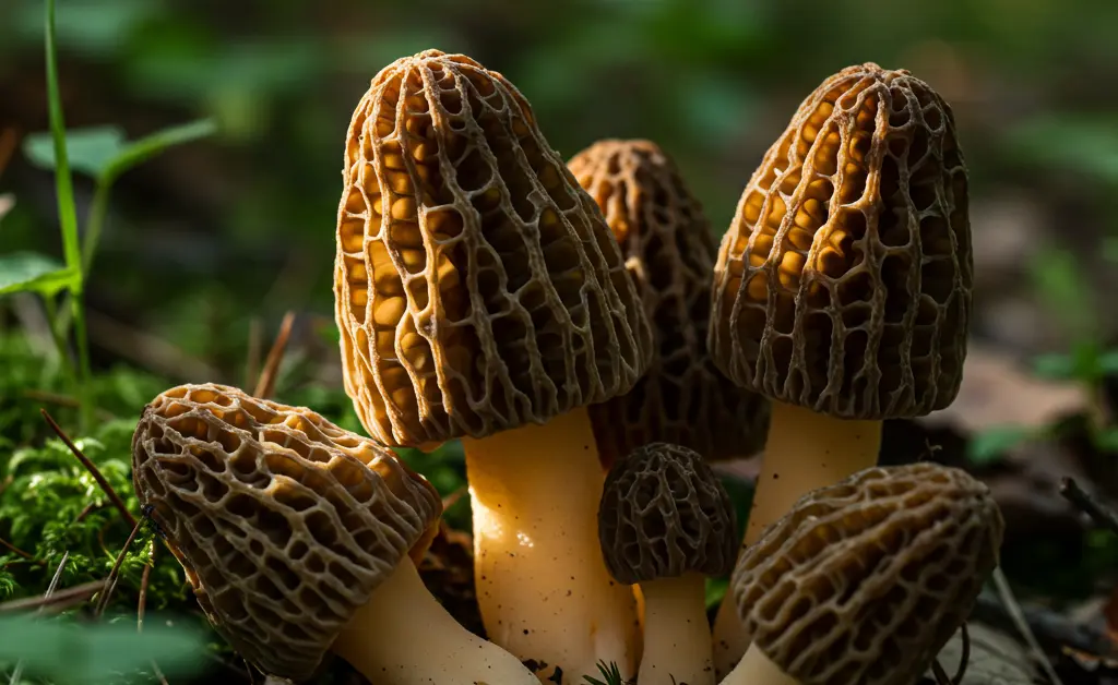 A skilled forager carefully inspects a cluster of freshly found morel mushrooms quincy il in a natural wooded environment.