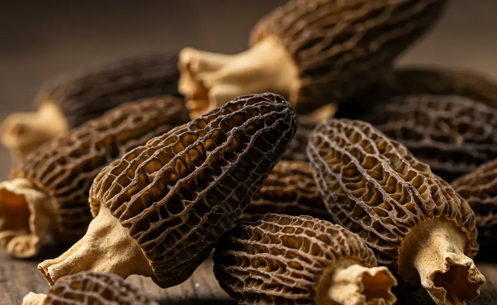 A beautifully arranged collection of North Spore Dried Wild Morel Mushrooms, showcasing their intricate shapes and rich, earthy tones, ready for culinary use.