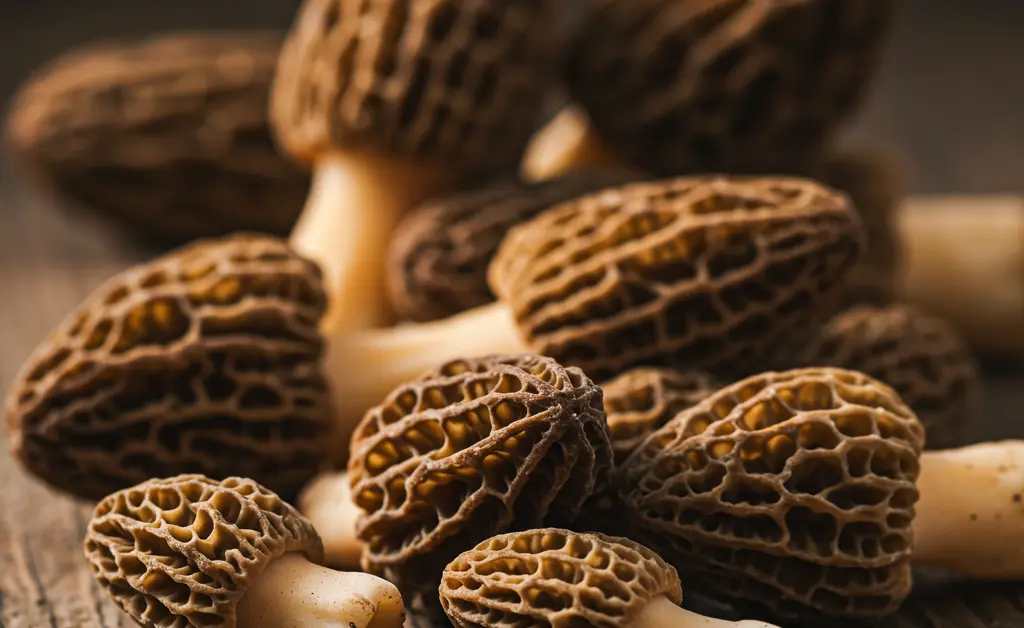 A close-up shot of fresh, earthy morel mushrooms showcasing their natural texture, highlighting that Our Morels are Non-GMO.