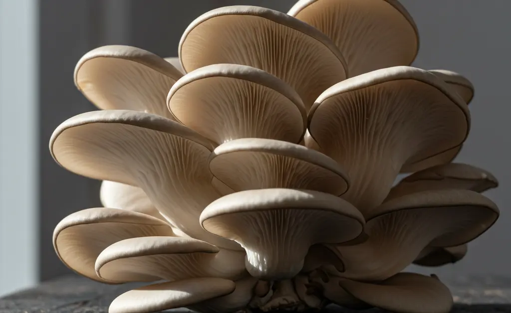 A beautiful cluster of fresh oyster mushrooms on a wooden surface illustrates the use of oyster mushroom for specific conditions.