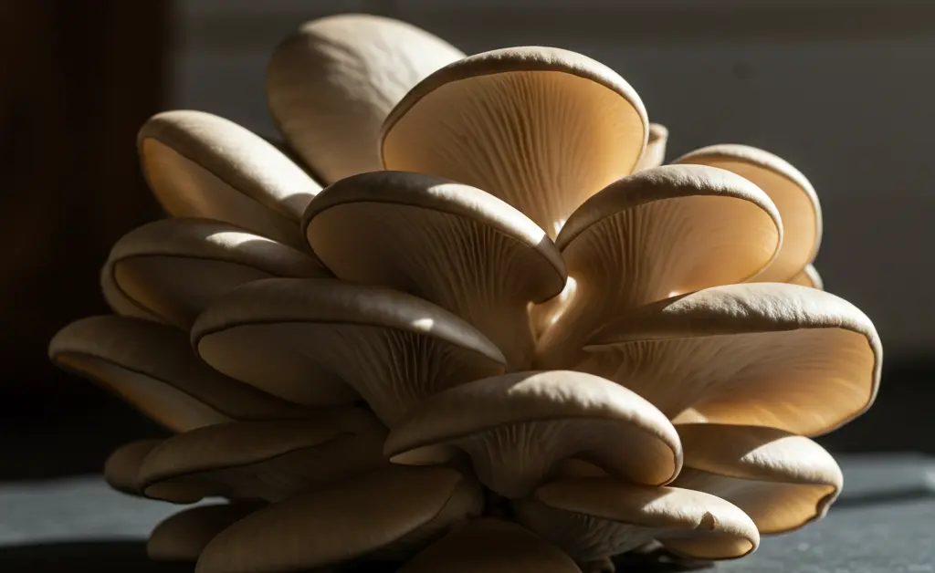 A cluster of fresh, raw oyster mushrooms on a rustic wooden board illustrates the oyster mushroom nutrition facts detailed in this article.