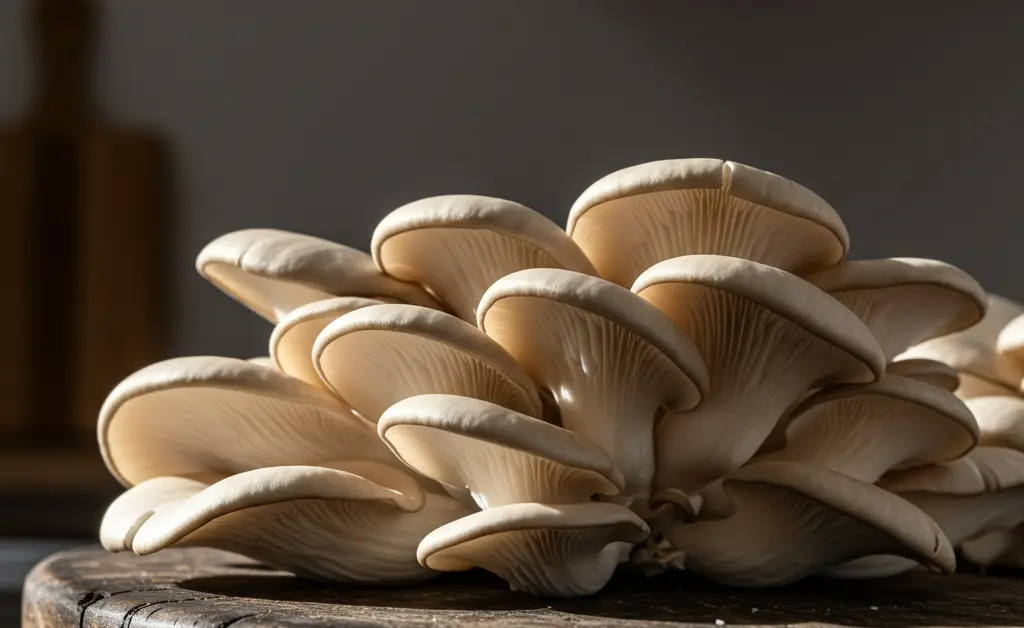 Fresh, raw oyster mushrooms are artfully arranged on a rustic wooden board, visually representing the topic of oyster mushroom protein content.