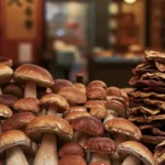 A bustling market stall in a vibrant Asian city showcases premium fresh and dried porcini mushroom hong kong.