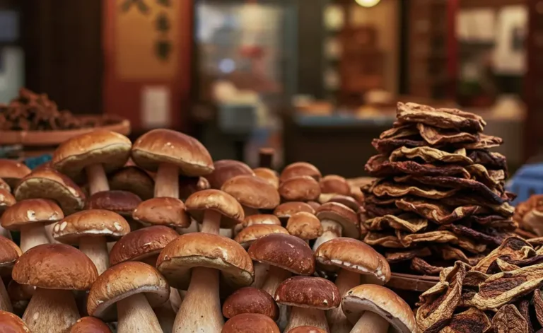 A bustling market stall in a vibrant Asian city showcases premium fresh and dried porcini mushroom hong kong.