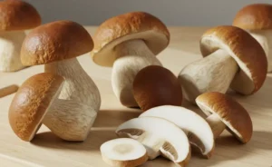 A close-up shot of fresh, organic porcini mushrooms, artfully arranged on a rustic wooden surface, visually represents the rich aspects of porcini mushroom nutrition.