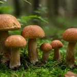 A close-up photograph reveals a healthy cluster of fresh porcini mushroom nz thriving on a mossy forest floor amidst native New Zealand ferns.