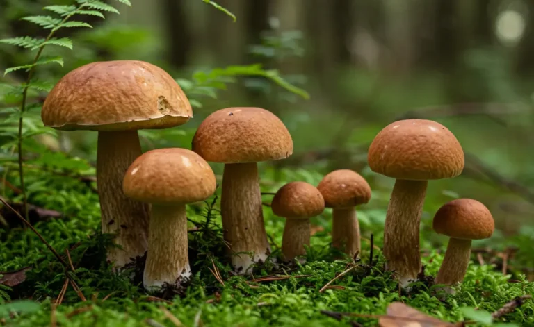 A close-up photograph reveals a healthy cluster of fresh porcini mushroom nz thriving on a mossy forest floor amidst native New Zealand ferns.