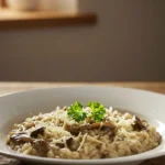 A gourmet bowl of creamy porcini mushroom risotto, garnished with fresh Parmesan and parsley, rests on a rustic wooden table under soft natural light.
