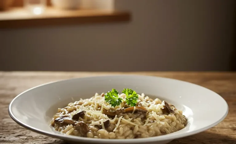 A gourmet bowl of creamy porcini mushroom risotto, garnished with fresh Parmesan and parsley, rests on a rustic wooden table under soft natural light.