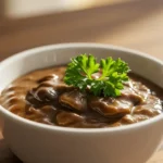 A delectable, earthy porcini mushroom sauce is presented in a white serving dish, ready to be enjoyed.