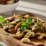 A beautifully arranged dish featuring golden-brown, sautéed porcini mushrooms with fresh parsley and a hint of garlic, highlighting the rich, earthy flavors of a delightful porcini mushroom vegetarian meal.