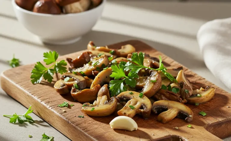 A beautifully arranged dish featuring golden-brown, sautéed porcini mushrooms with fresh parsley and a hint of garlic, highlighting the rich, earthy flavors of a delightful porcini mushroom vegetarian meal.