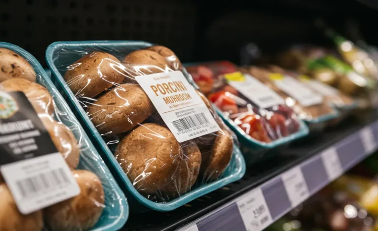A close-up view of a supermarket shelf highlights a package of porcini mushrooms woolworths among other fresh gourmet ingredients.