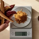 A close-up, top-down view shows the precise reishi mushroom dosage being carefully measured on a digital scale, set against a clean, natural background.