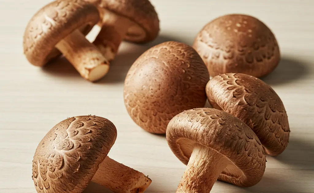 A close-up, photorealistic view of fresh, whole shiitake mushrooms, artfully arranged on a natural wooden surface, symbolizing the discussion around shiitake mushroom dermatitis.