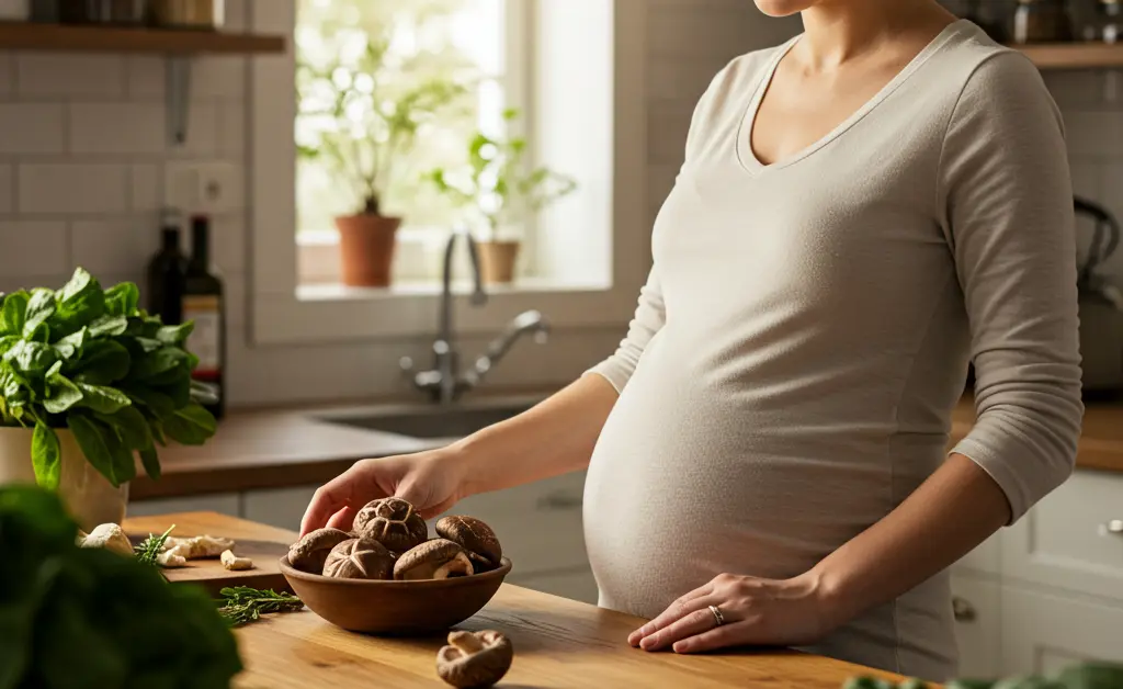 A pregnant woman thoughtfully considers a bowl of fresh shiitake mushrooms, symbolizing the careful dietary choices associated with shiitake mushroom during pregnancy.