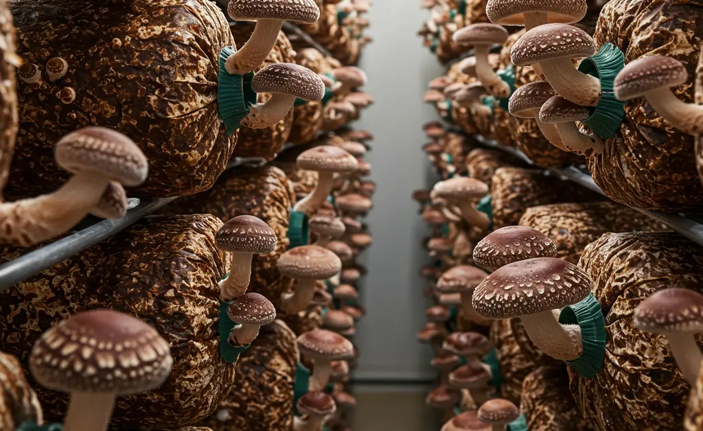 A close-up shot of fresh shiitake mushrooms growing on logs in a controlled environment, symbolizing the growing trend of shiitake mushroom farming in india.