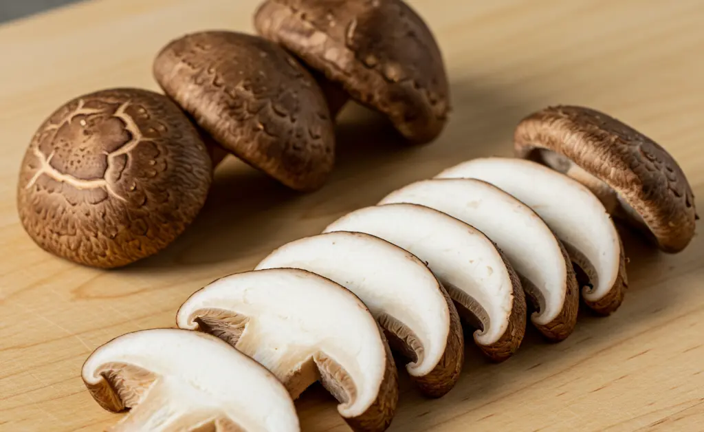 A fresh cluster of whole and sliced shiitake mushrooms displayed on a rustic wooden cutting board, illustrating the topic of shiitake mushroom fodmap considerations for dietary planning.