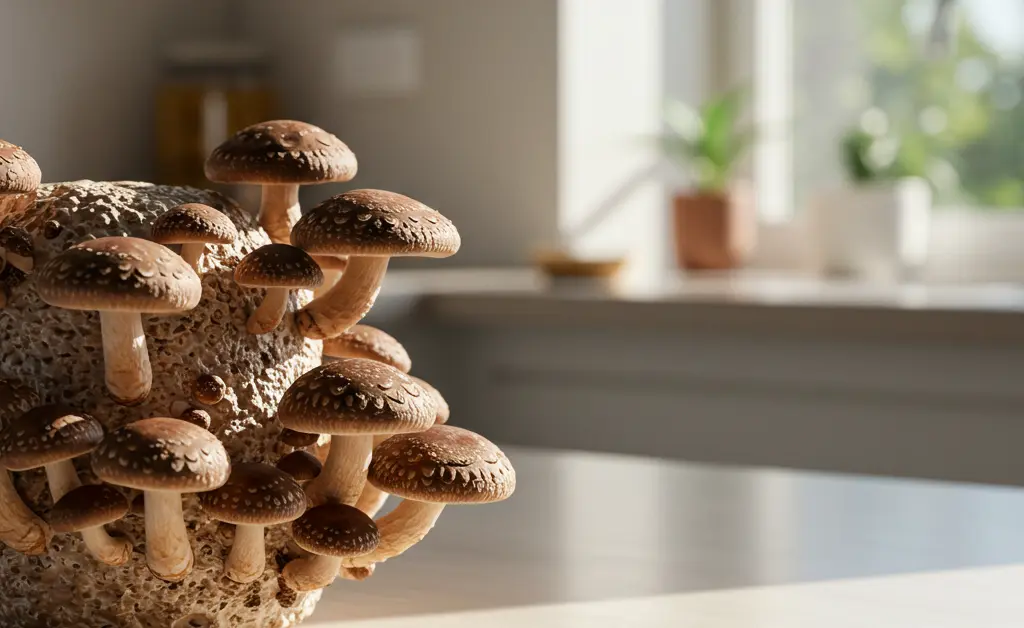 A beautifully arranged shiitake mushroom growing kit sits on a modern kitchen counter, showcasing several clusters of fresh, brown shiitake mushrooms ready for harvest in natural light.